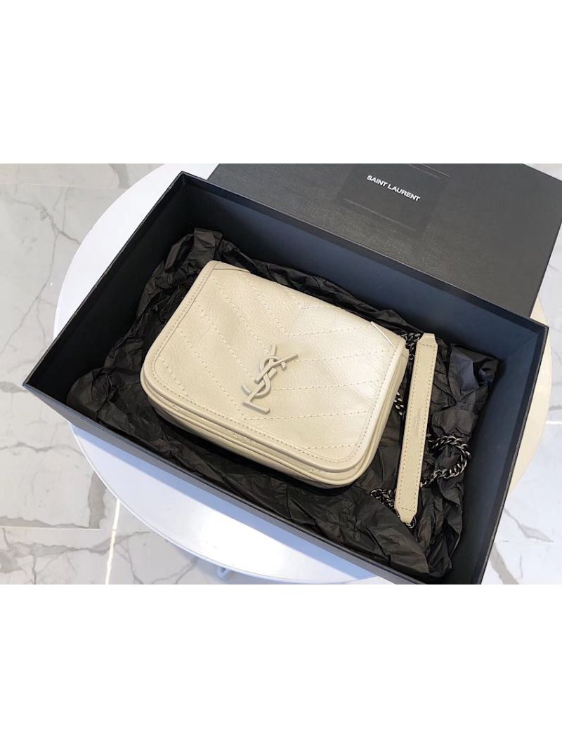 YSL Saint Laurent Niki Chain Wallet In Crinkled Vintage Leather 583103 Blanc