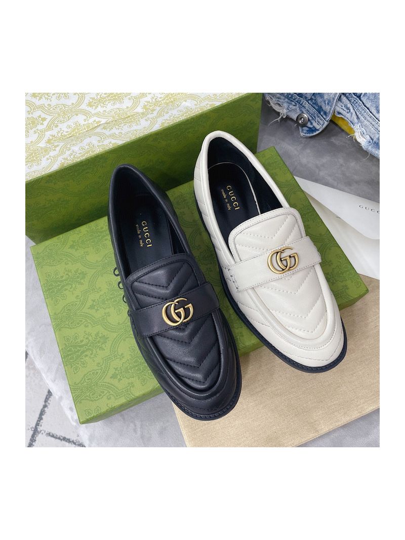Gucci Aria Loafer With Double G 670399 White Chevron Matelasse Leather 