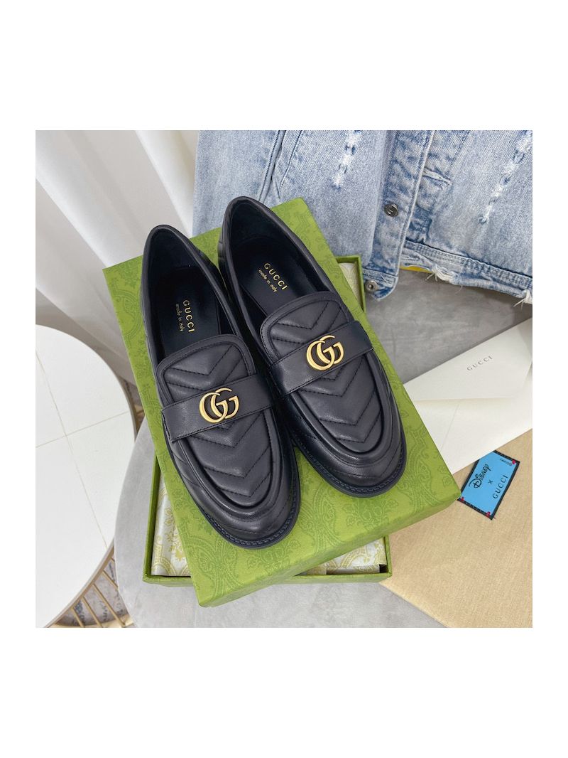 Gucci Aria Loafer With Double G 670399 Black Chevron Matelasse Leather 
