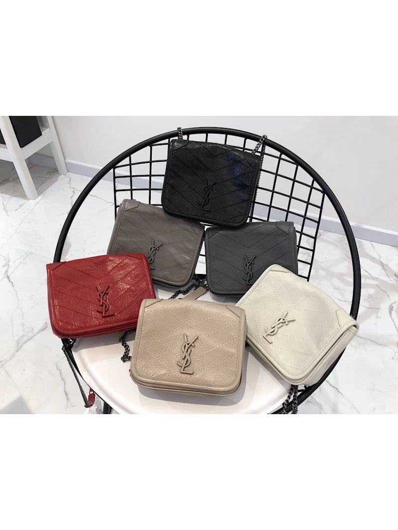 YSL Saint Laurent Niki Chain Wallet In Crinkled Vintage Leather 583103 Storm