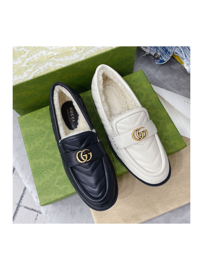 Gucci Aria Loafer With Double G 670399 White Chevron Matelasse Leather with Merino Wool