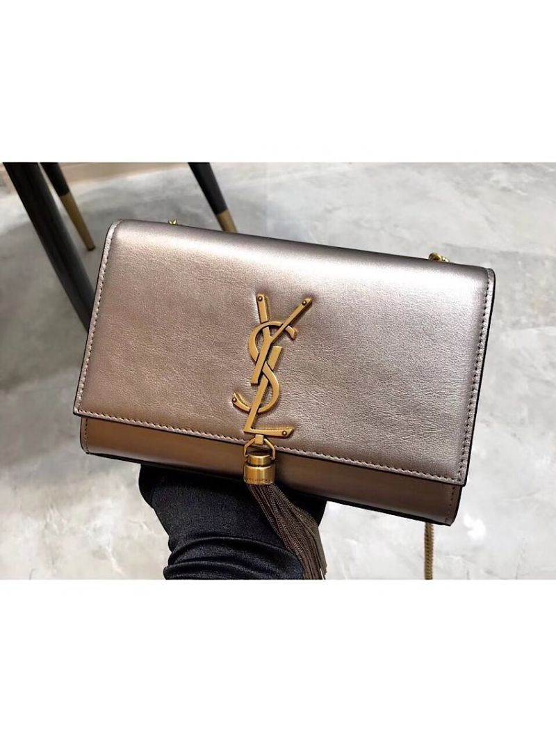 YSL Saint Laurent Kate Chain Wallet With Tassel In Laminated Leather 452159 Brown Metallic