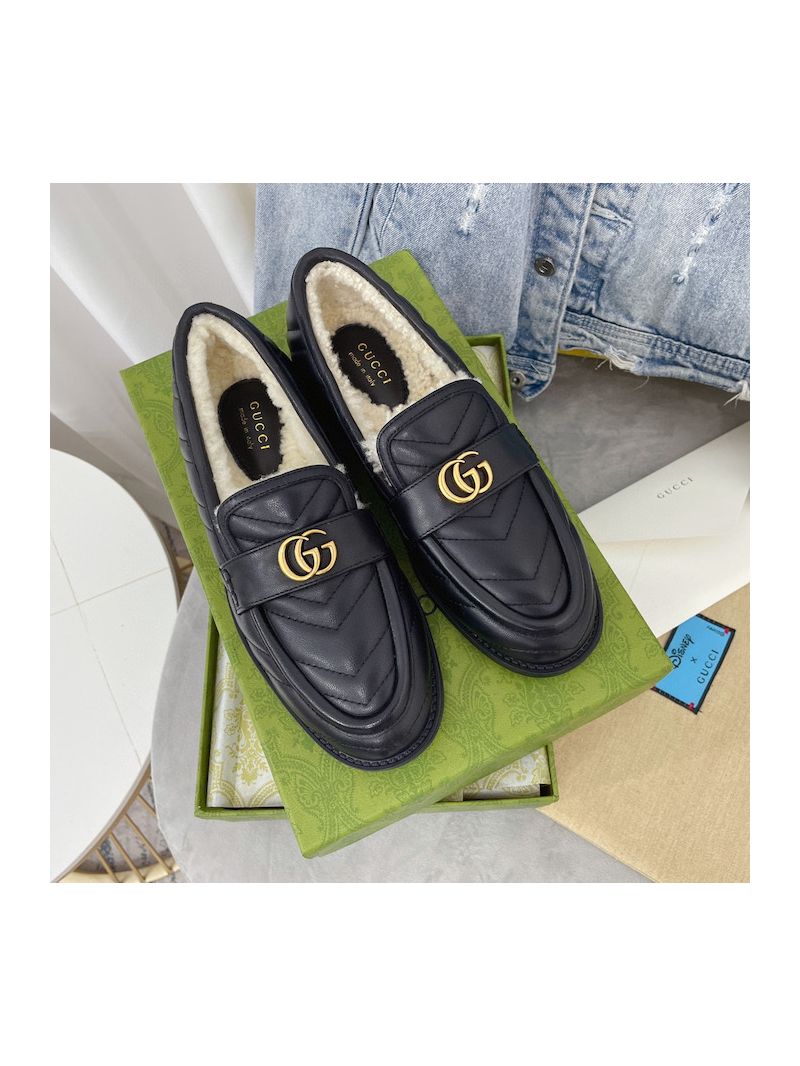 Gucci Aria Loafer With Double G 670399 Black Chevron Matelasse Leather with Merino Wool