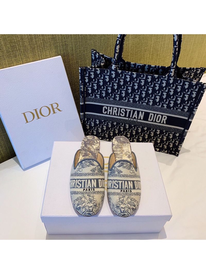 Dior Off Dior Mule StoneGrey Ecru Embroidered with Toile de Jouy Motif