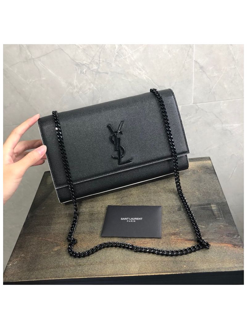 YSL Saint Laurent Classic Monogram Kate in Grain De Poudre Textured Leather Black in White Trim