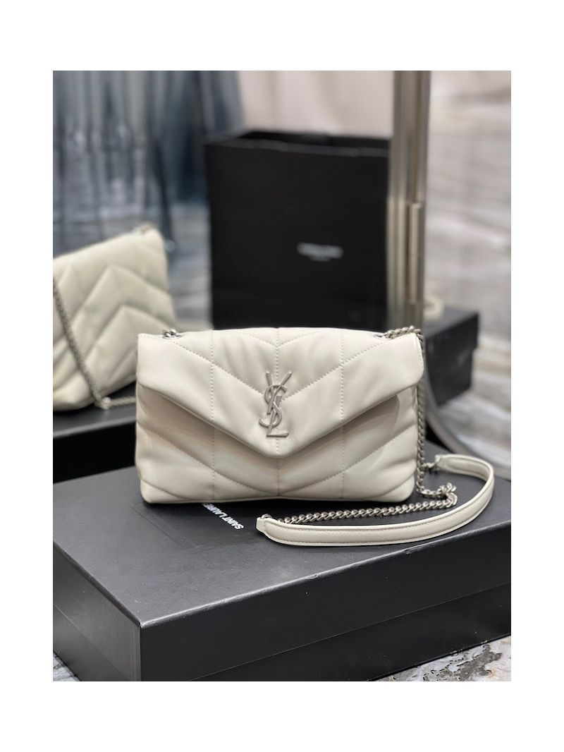 YSL Saint Laurent Mini Loulou Puffer Toy Bag In Quilted Lambskin Blanc in Silver Hardware