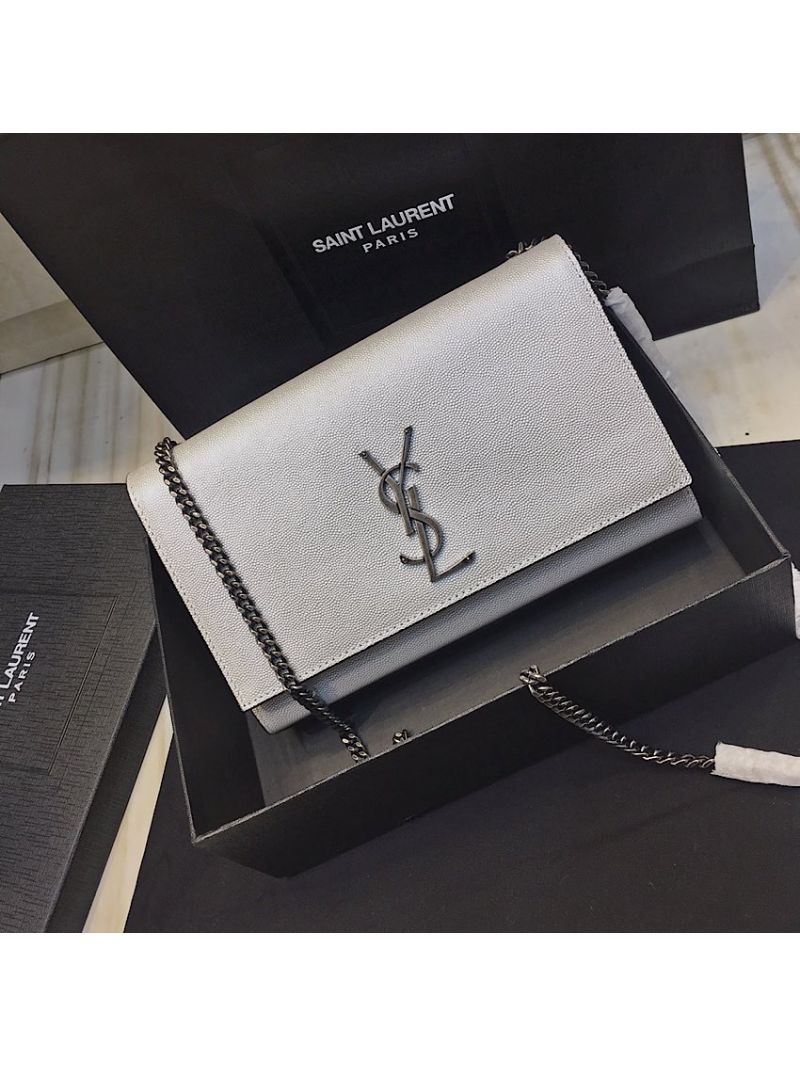 YSL Saint Laurent Classic Medium Kate Silver Hardware In Grained De Poudre Textured Leather Pearly Silver