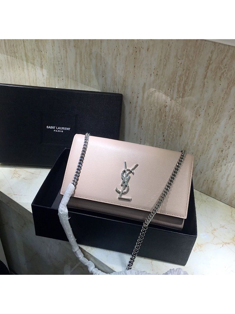 YSL Saint Laurent Classic Medium Kate Silver Hardware In Grained De Poudre Textured Leather Powder Pink