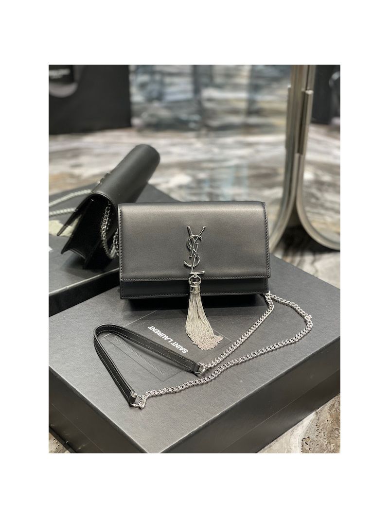 YSL Saint Laurent Kate Chain Wallet With Tassel In Smooth Leather 452159 Black Silver Hardware