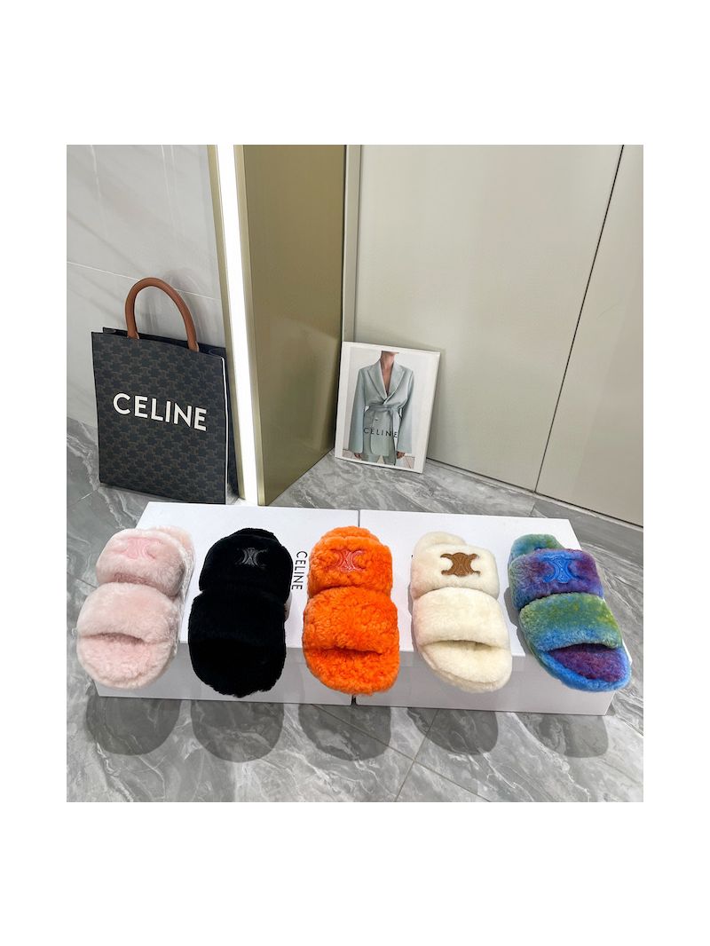 Celine Fur Slides Triomphe Open Slide In Shearling 343553