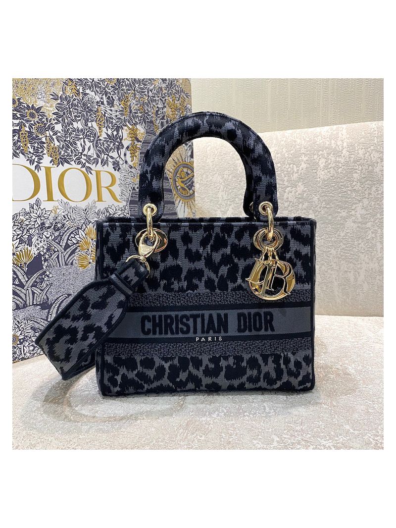 Dior Medium Lady D-Lite Bag Gray Mizza Embroidery M0565