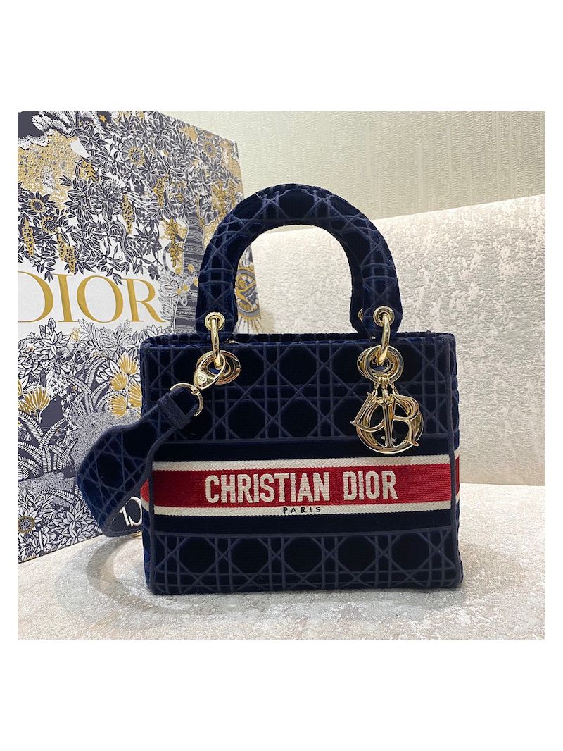 Dior Medium Lady D-Lite Bag Blue Velvet Cannage Embroidery M0565