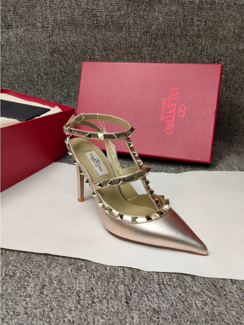 Valentino Garavani Rockstud Caged Ankle Strap pump in Grainy calfskin leather 100mm ZW2S0393 Metallic Gold