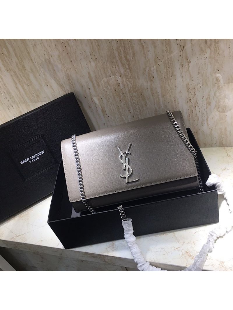 YSL Saint Laurent Classic Medium Kate Satchel Silver Hardware In Grained De Poudre Textured Leather Grey