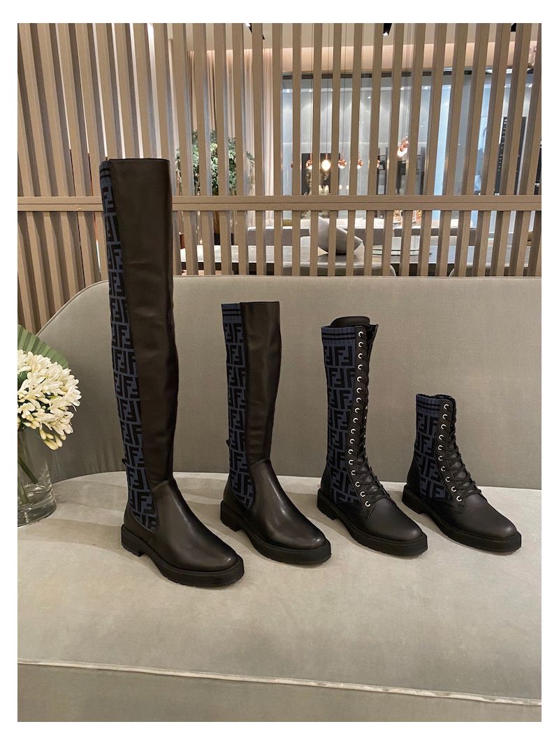 Fendi Rockoko Black Leather Over-Knee Boots With Stretch Fabric 8W6788 FF Motif Grey