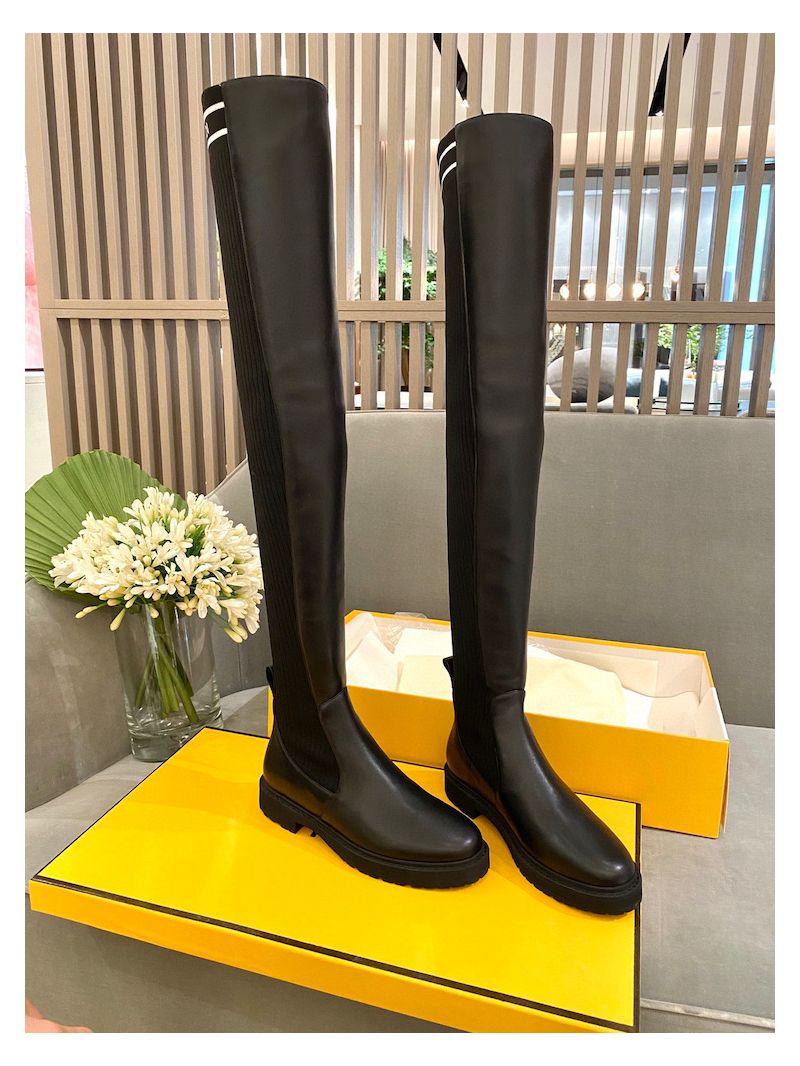 Fendi Rockoko Black Leather Over-Knee Boots With Stretch Fabric 8W6788 White Logo