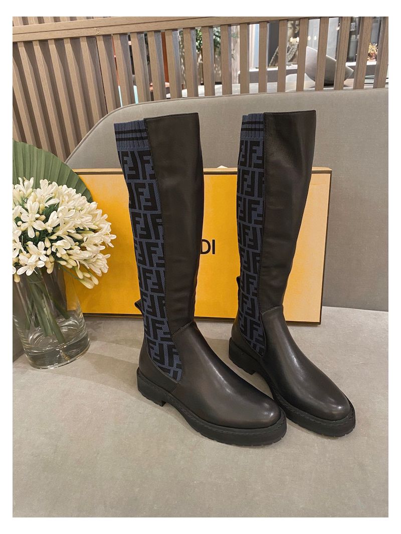 Fendi Rockoko Black Leather Boots With Stretch Fabric 8W6789 FF Motif Grey