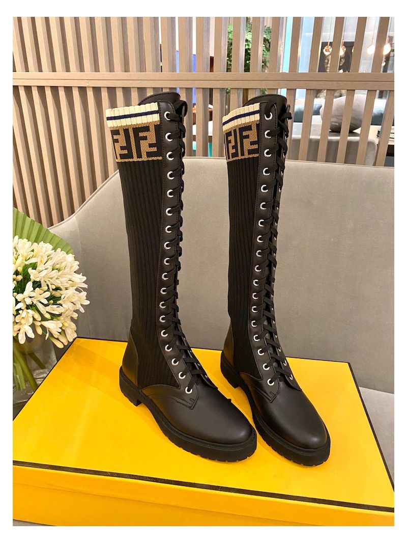 Fendi Rockoko Black Leather Combat Boots With Stretch Fabric 8W6790 FF Motif Grey