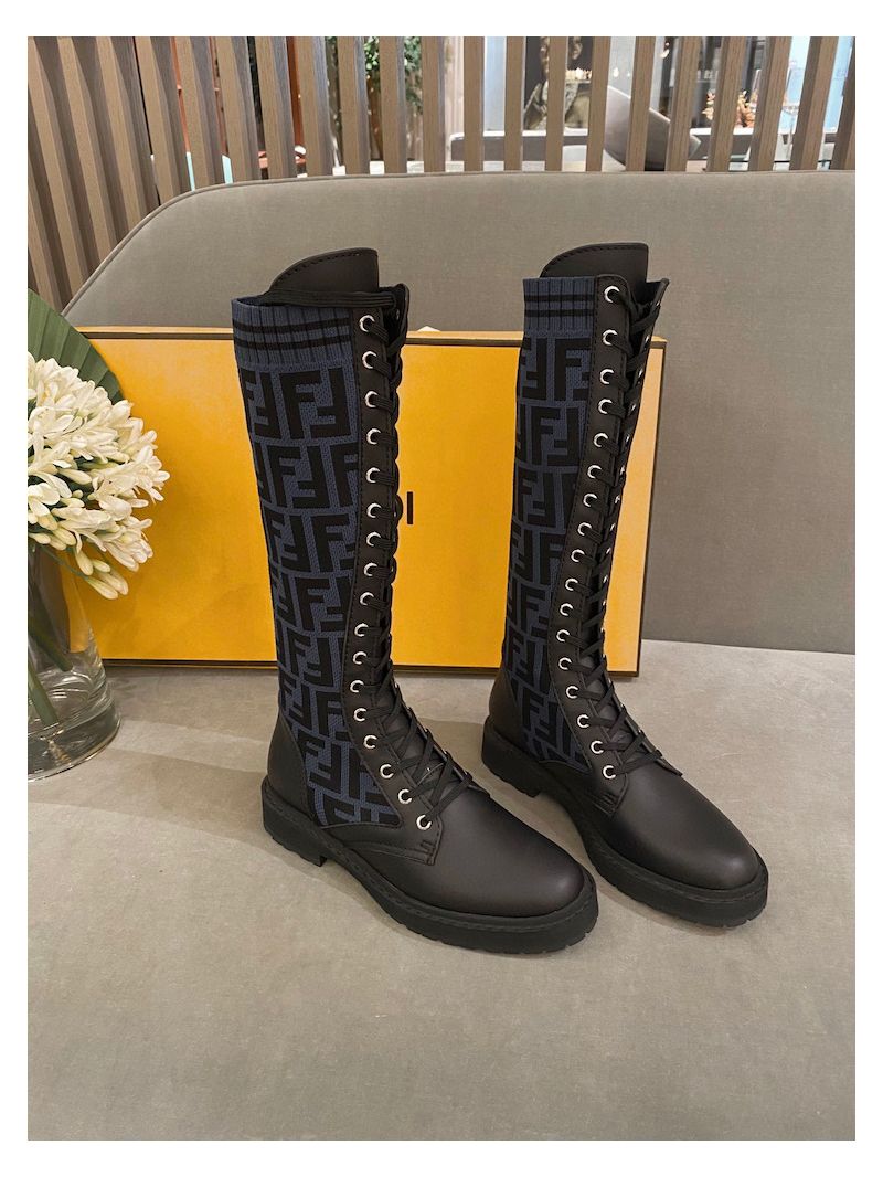 Fendi Rockoko Black Leather Combat Boots With Stretch Fabric 8W6790 FF Trimmed