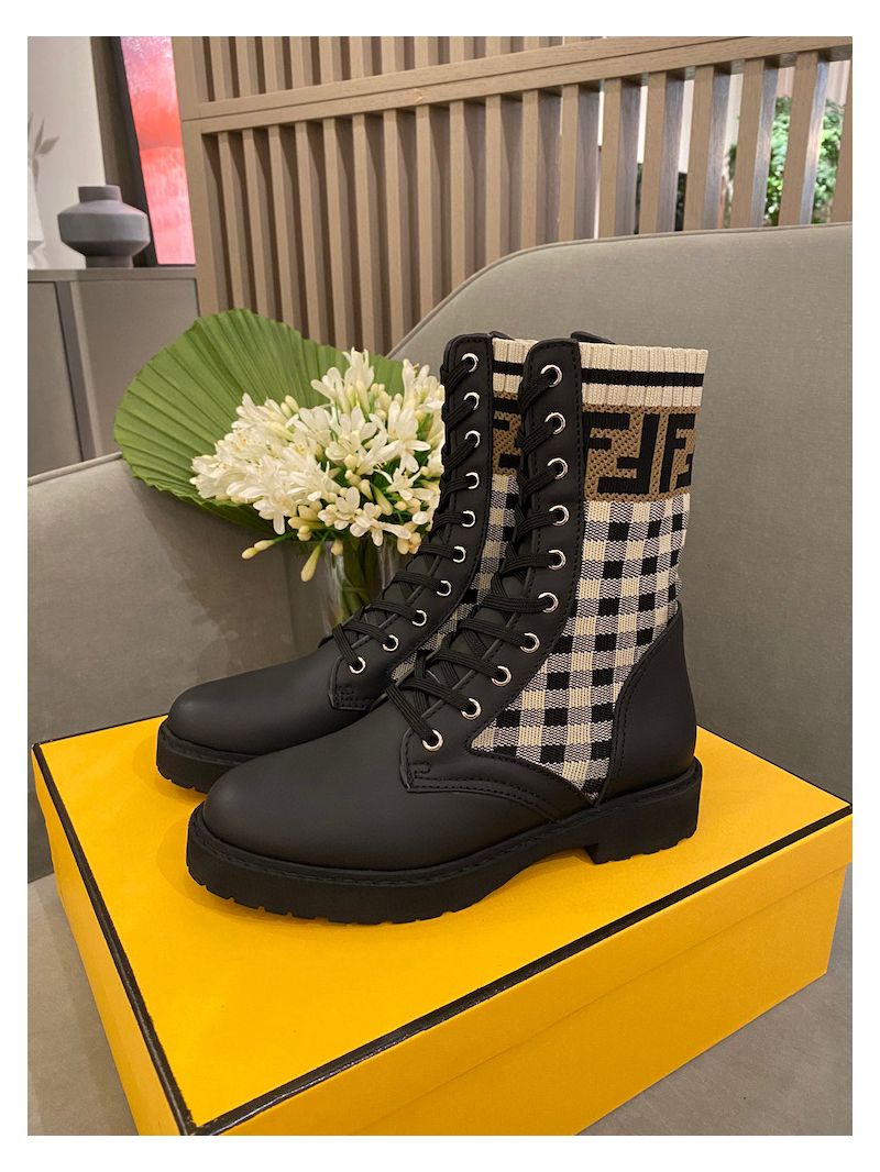 Fendi Rockoko Black Leather Biker Boots With Stretch Fabric 8T6780 Vichy