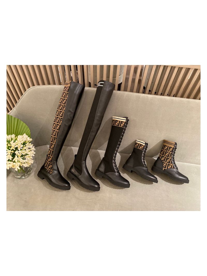 Fendi Rockoko Black Leather Biker Boots With Stretch Fabric 8T6780 FF Motif Brown