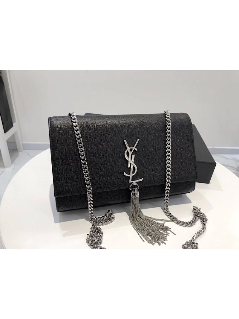 YSL Saint Laurent Kate Bag With Tassel In Grain De Poudre Leather 354119 Black Silver Hardware