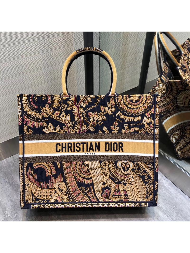 Dior Book Tote Orange Black Animals Embroidered Canvas Bag M1286