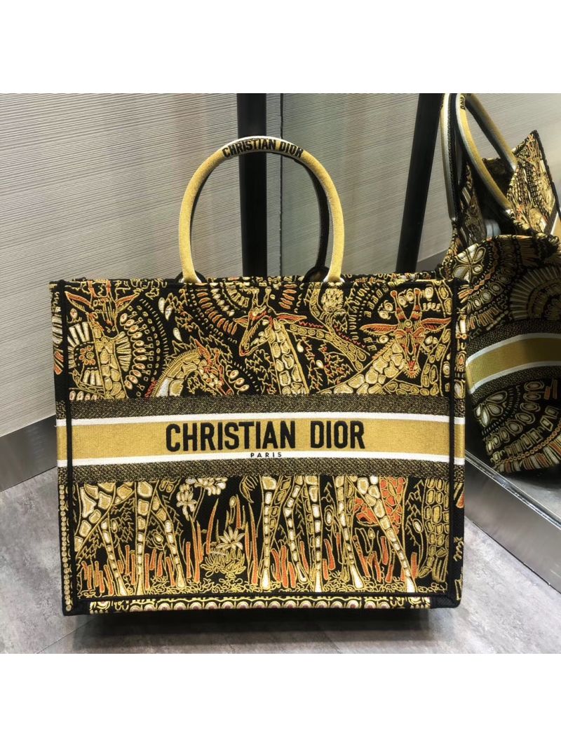 Dior Book Tote Yellow Black Animals Embroidered Canvas Bag M1286
