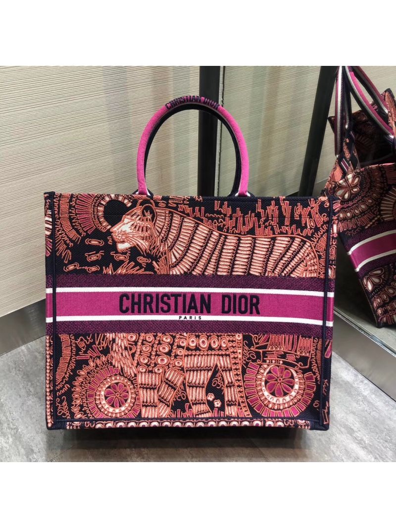 Dior Book Tote Fuchsia Animals Embroidered Canvas Bag M1286