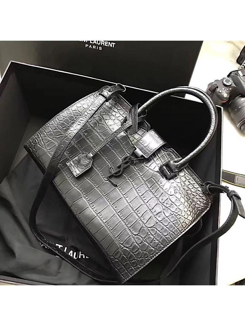 YSL Saint Laurent Small Cabas In Black Crocodile Embossed Leather 424869