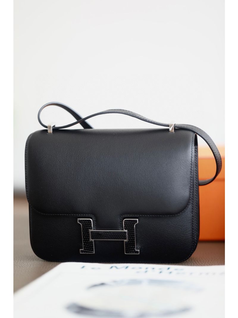 RARE! Hermes Constance Bag in Black Swift leather with Clasp in lizard