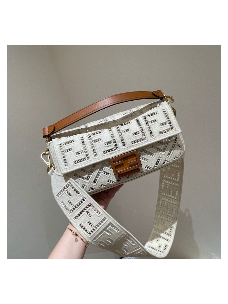 Fendi Baguette White Canvas Bag With Embroidery 8BR600CV (Limited)