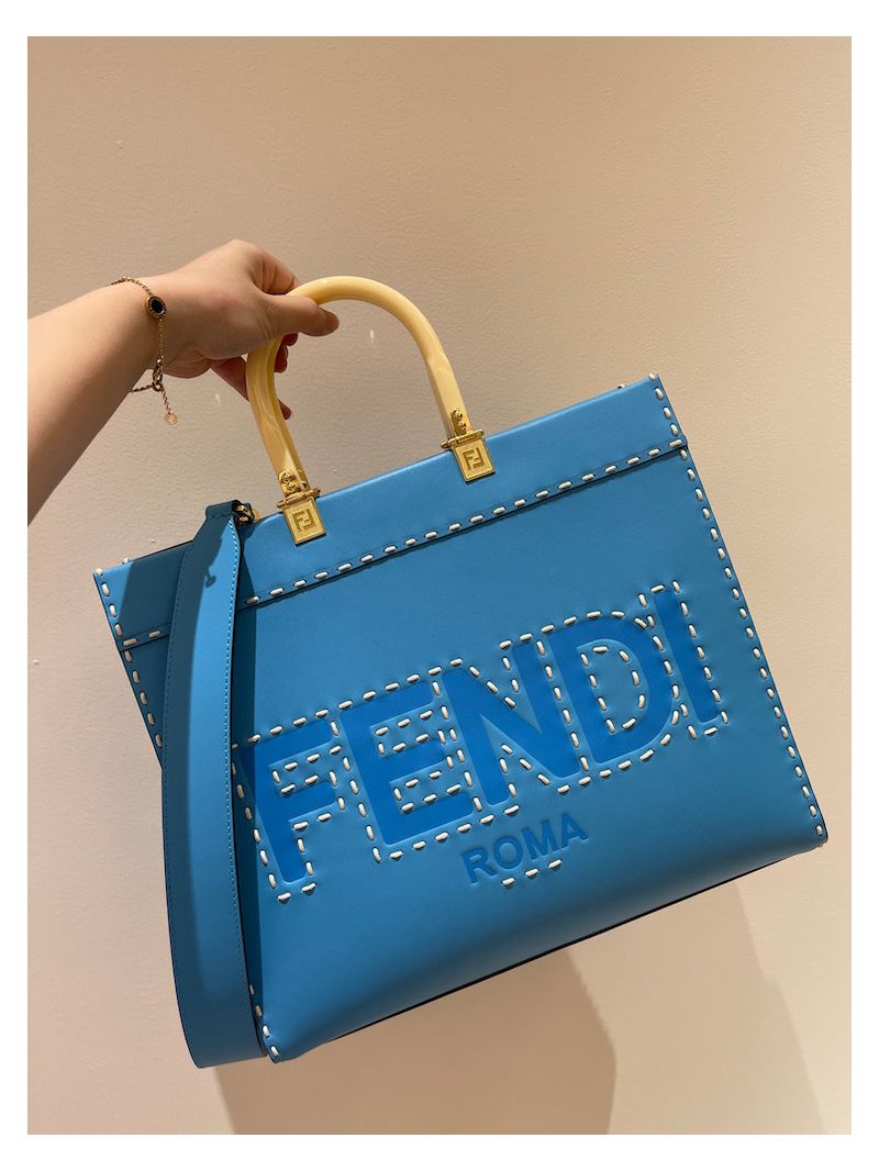 Fendi Sunshine Medium Blue Leather Shopper with Macro Hand-stitching 8BH386