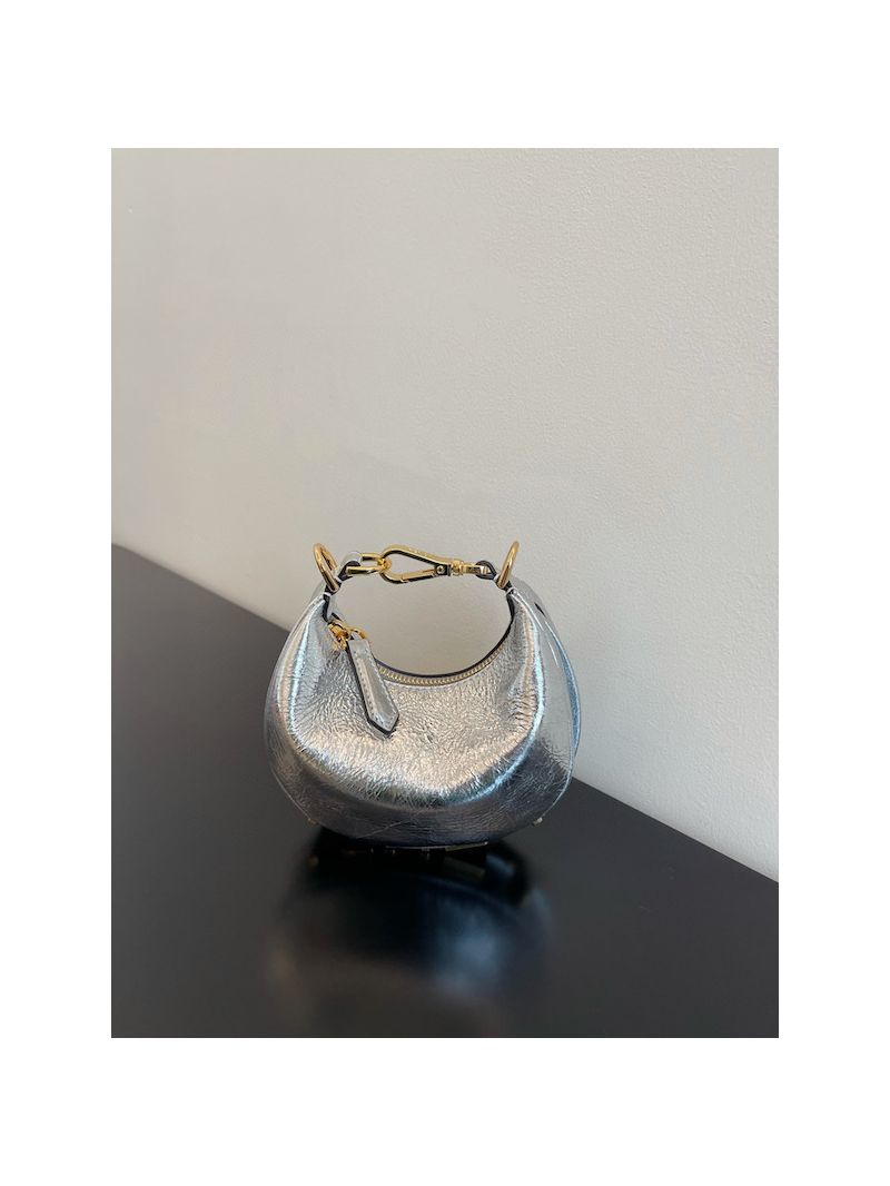 Fendi Nano Fendigraphy Laminated Silver Leather with Craquelé Effect 7AS089A