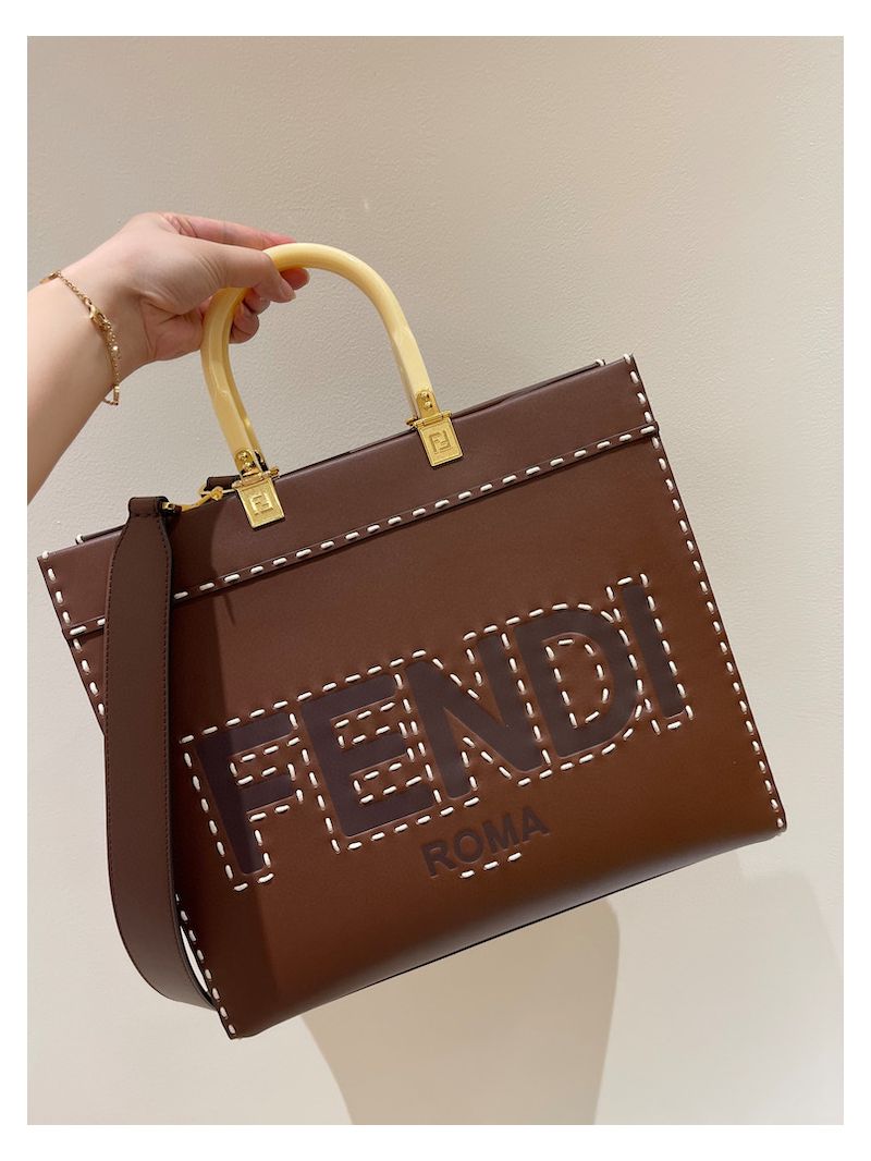 Fendi Sunshine Medium Brown Leather Shopper with Macro Hand-stitching 8BH386