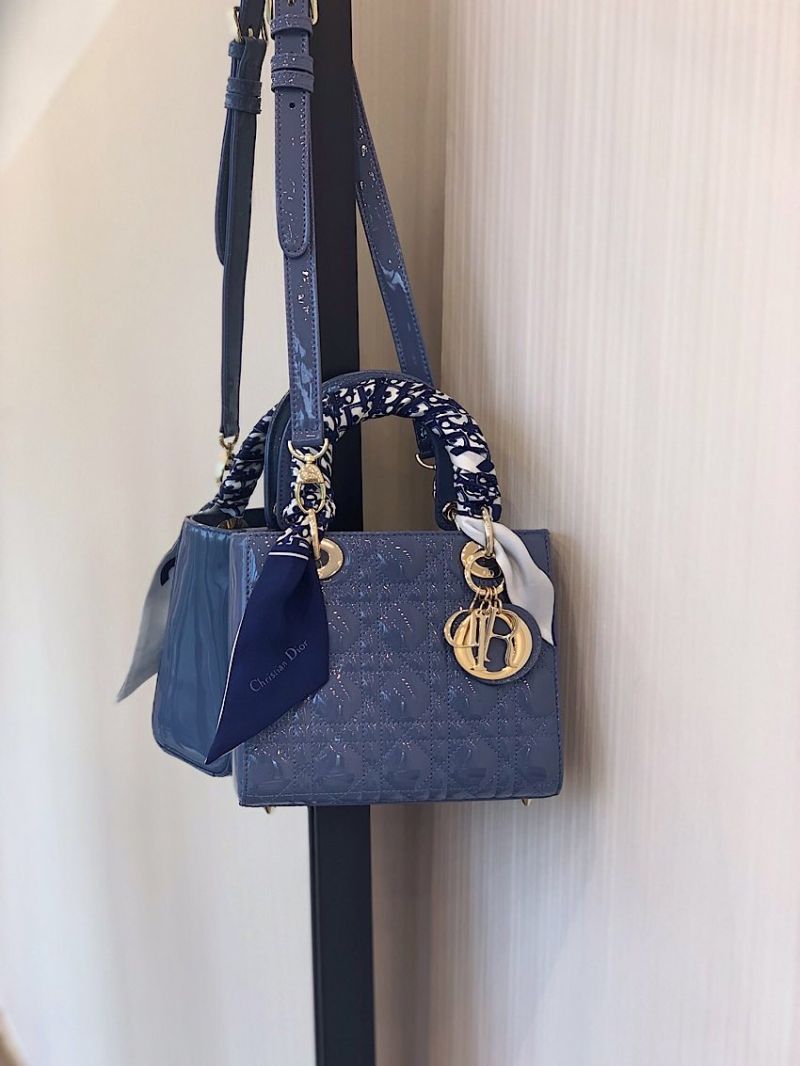 Dior Small Lady Dior Patent Calfskin Bag Denim Blue