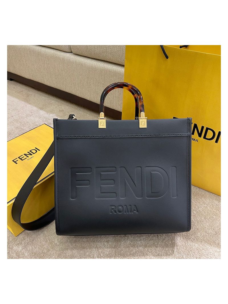 Fendi Sunshine Medium Black Leather Shopper 8BH386