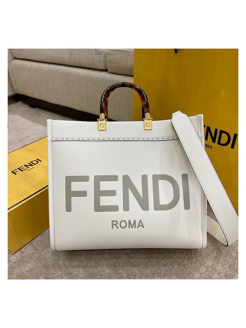 Fendi Sunshine Medium Chalk Leather Shopper 8BH386