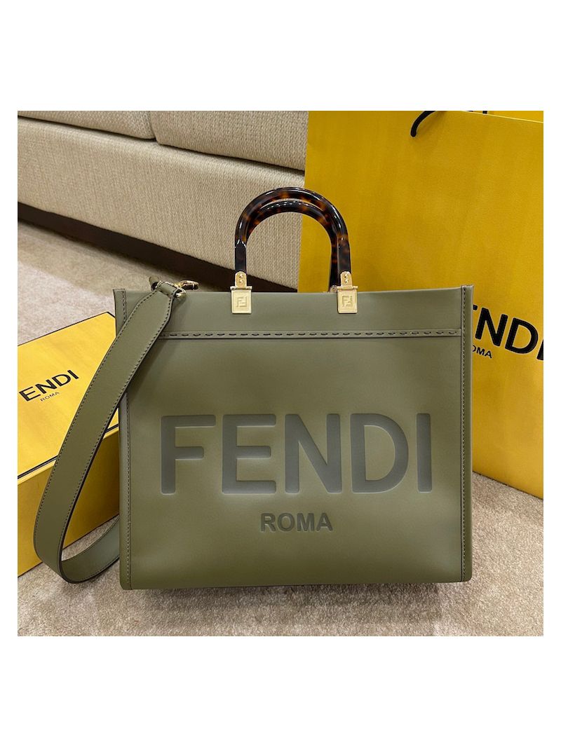 Fendi Sunshine Medium Green Leather Shopper 8BH386