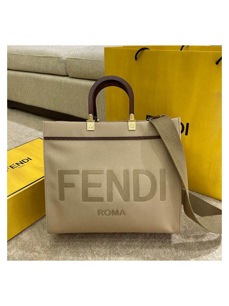 Fendi Sunshine Medium Beige canvas Shopper Bag 8BH386
