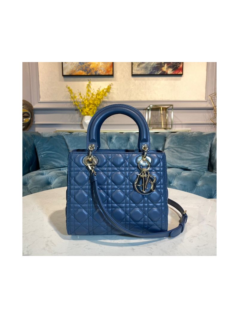 Dior Lady Dior Medium Flap Cover Quilted in Cannage Lambskin Leather Bag M0565 Navy