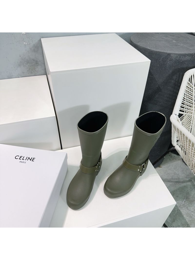 Celine Mid Rain Boots In Rubber And Calfskin Khaki 357397010