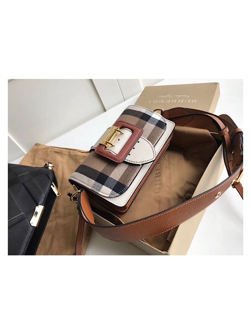Burberry The Small Buckle Bag in House Check and White Leather