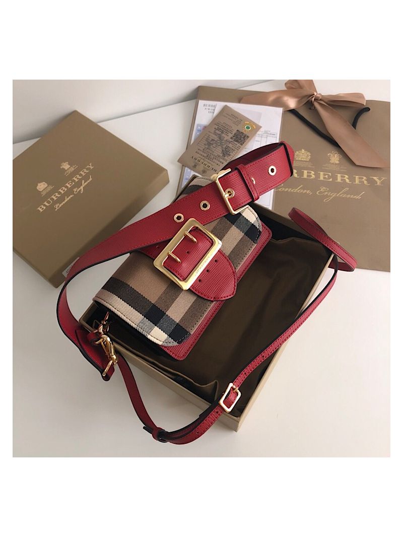 Burberry The Small Buckle Bag in House Check and Red Leather
