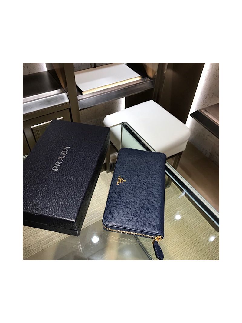 Prada 1M0506 Saffiano Leather Zip Around Wallet Navy Blue