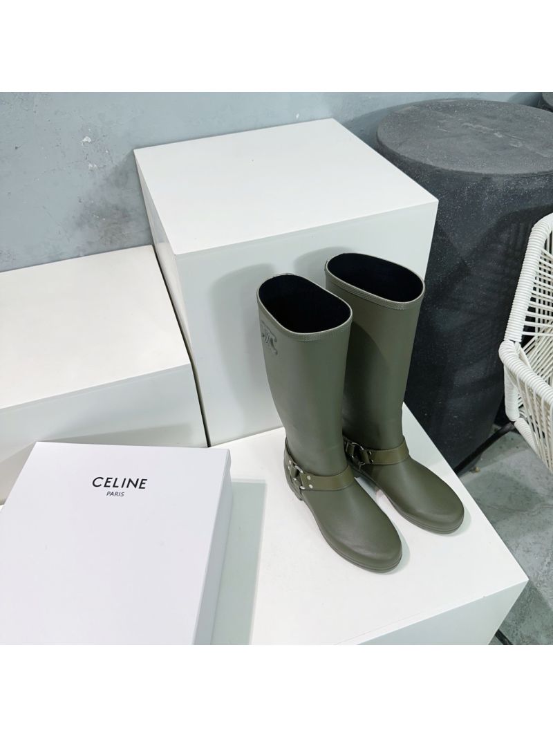 Celine High Rain Boots In Rubber And Calfskin Khaki 357407010C