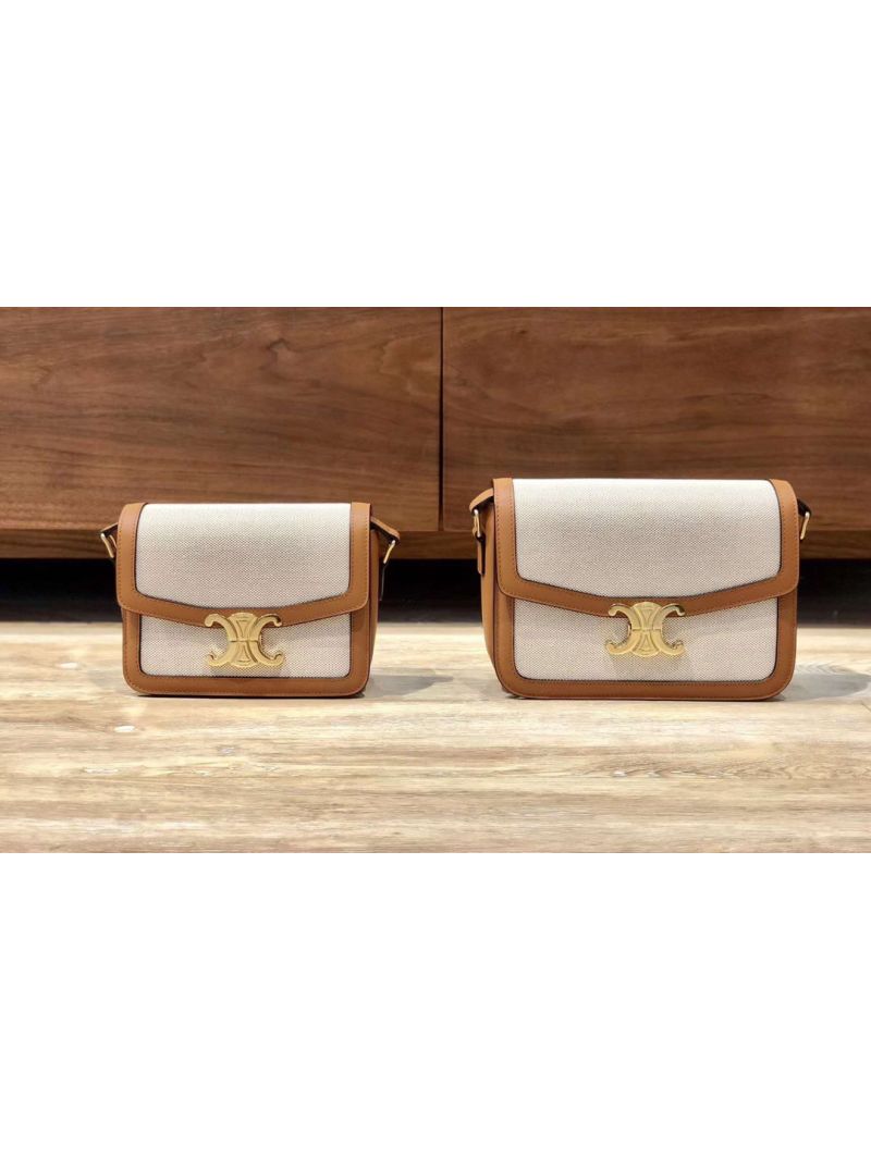 Celine Triomphe Bag in Textile and Tan Natural Calfskin
