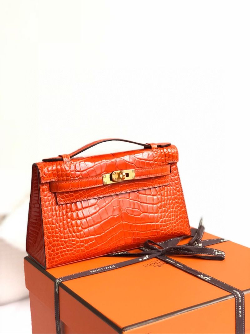Hermes Kelly Pochette Clutch Bag Shiny Orange Alligator