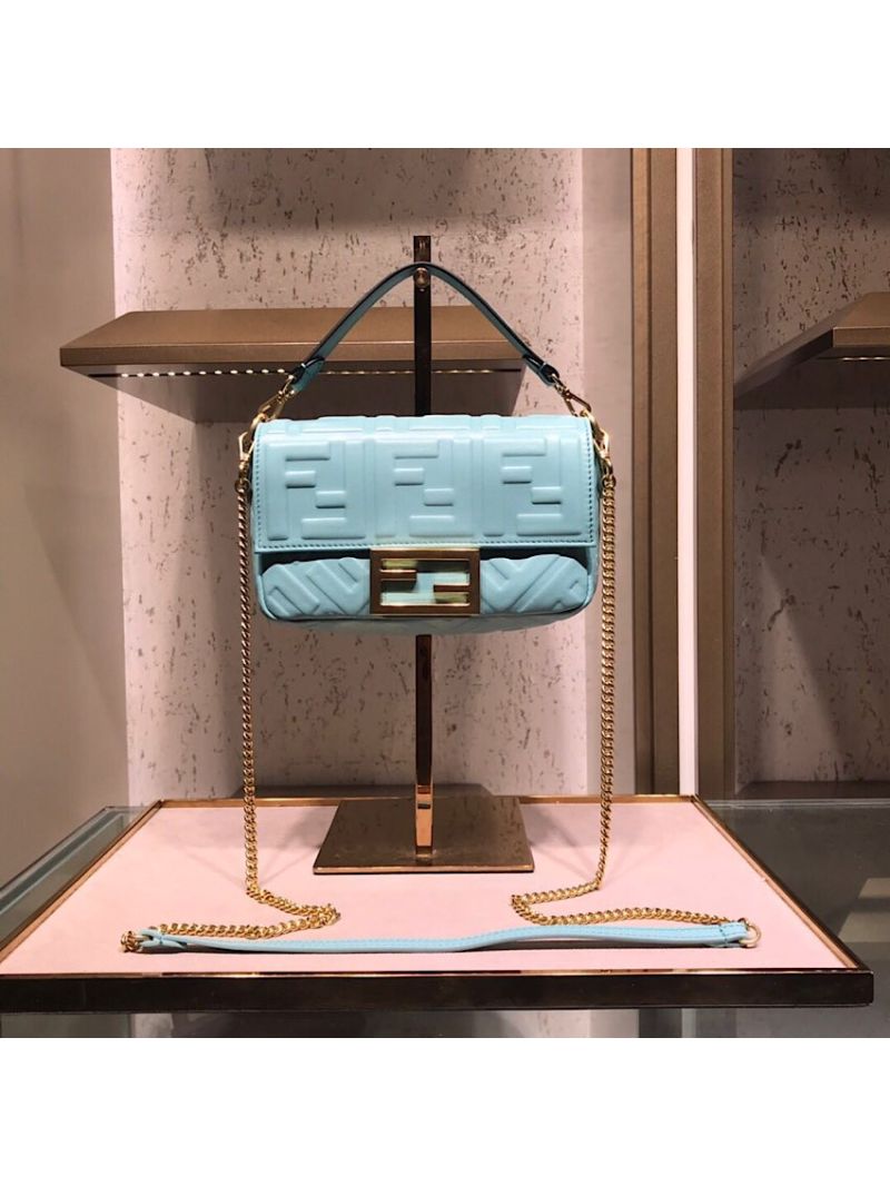 Fendi Baguette Mini / Medium Bag with FF Motif 8BR600 Pale blue