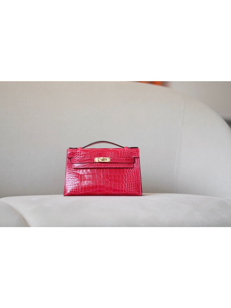Hermes Kelly Pochette Clutch Bag Shiny A5 Bougainvillier Alligator